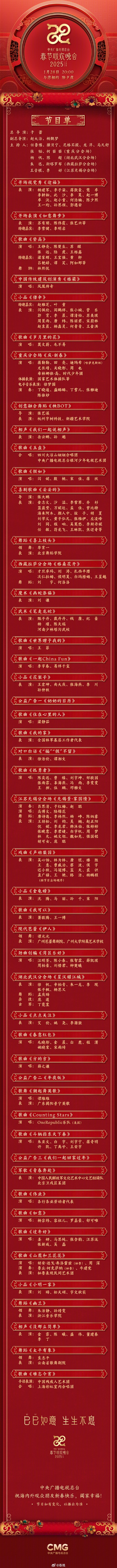 《2025年春节联欢晚会》节目单正式发布：沈腾、岳云鹏、赵雅芝都来了