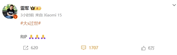 雷军悼念大S:RIP