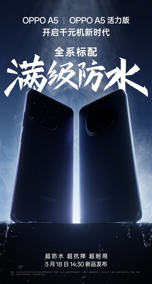 OPPO A5/A5活力版官宣:开启千元满级防水新时代
