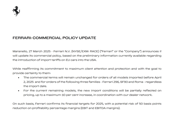 首家硬刚特朗普关税的车企：法拉利宣布美国市场涨价至多10%