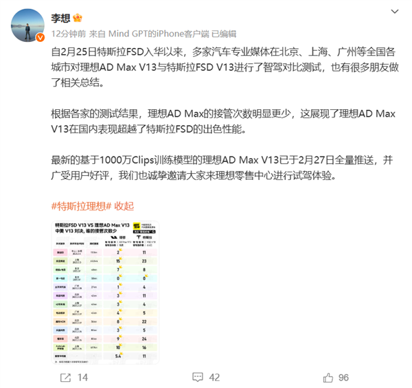 李想：媒体实测理想对比特斯拉FSD智驾 理想国内表现更好