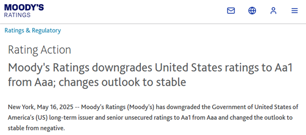 最后的AAA也没了！穆迪正式宣布下调美国主权信用评级
