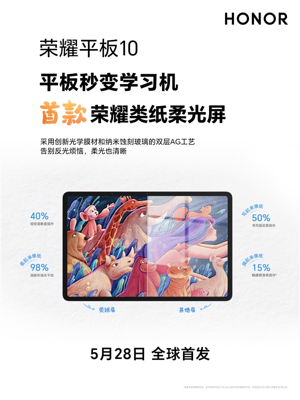 荣耀平板10搭载首款荣耀类纸柔光屏：平板秒变学习机