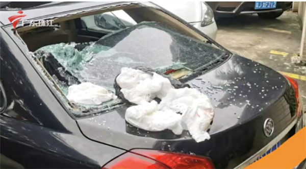 广东一小区现奇葩高空抛物：纸尿片竟然把车顶砸凹！