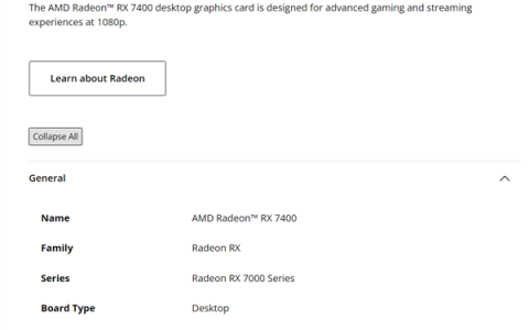 入门RDNA3显卡迎新品！AMD悄然推出RX 7400：8GB显存、55W功耗