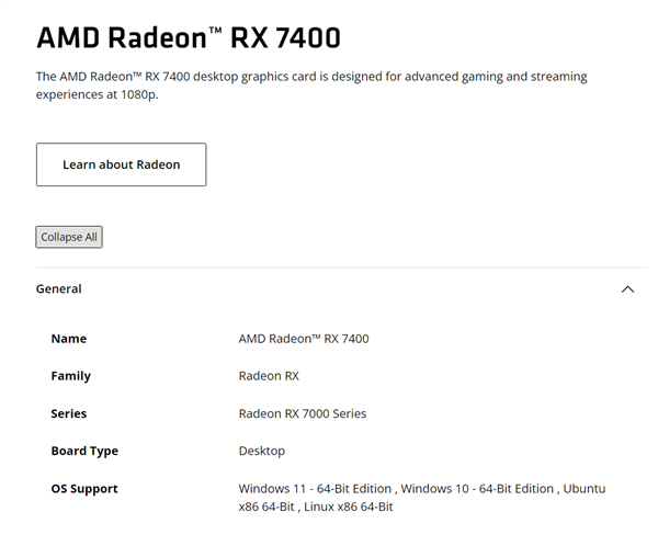 入门RDNA3显卡迎新品！AMD悄然推出RX 7400：8GB显存、55W功耗