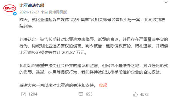 “龙猪-集车”长期诋毁比亚迪 二审判赔201.87万：已强制执行