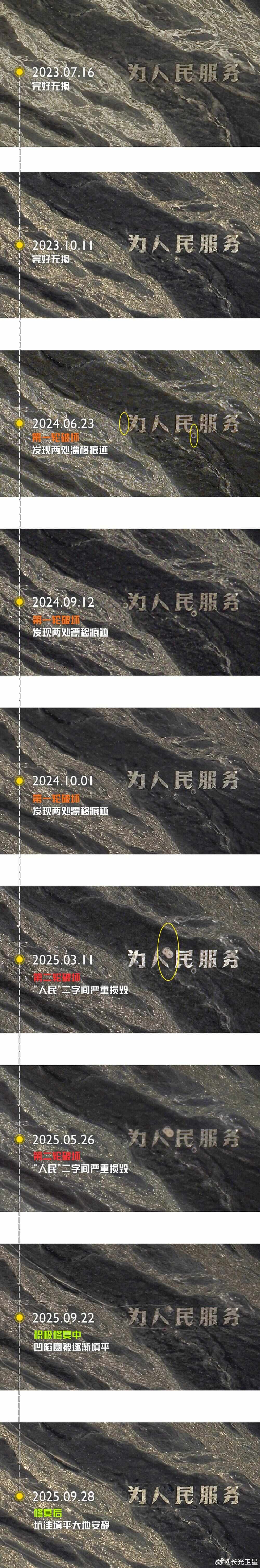 官方介入调查为人民服务地标被破坏,深沟达一掌,博主驱2000公里补20吨石