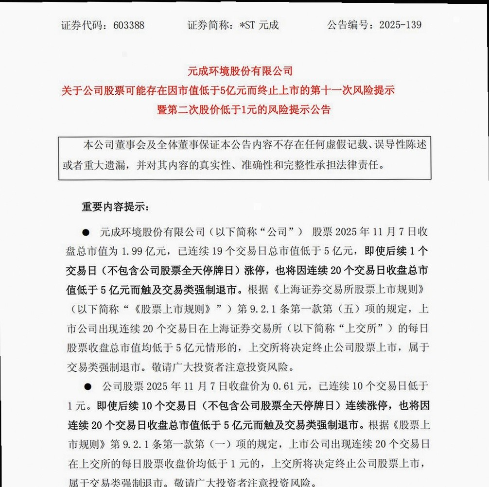 *ST元成退市风险提示公告