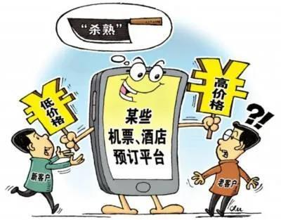 讽刺某些平台大数据杀熟的漫画：拟人化手机左手举"高价格"牌子，右手被新客户拉着，老客户在旁惊讶