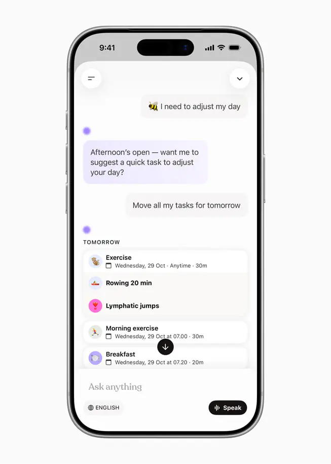 A screenshot taken on an iPhone 17 Pro that shows a user requesting Tiimo to adjust their day and move their tasks to tomorrow.