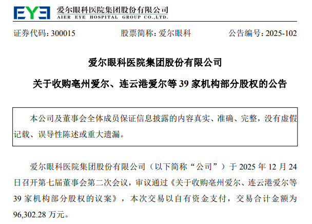 9.63亿抄底39家基层医院！爱尔眼科下沉背后：业绩承压与87亿商誉的双重考验