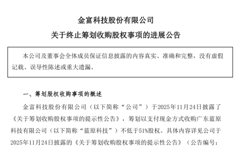 六连板后股价腰斩！金富科技终止收购蓝原科技，转型计划告吹