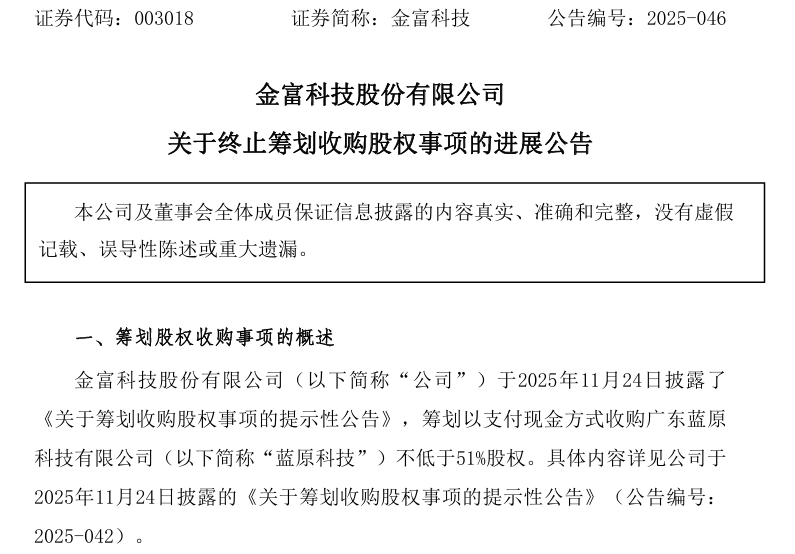 六连板后股价腰斩!金富科技终止收购蓝原科技,转型计划告吹