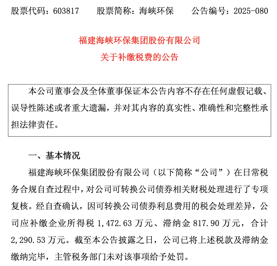 股价涨35%却突遭“补税劫”!海峡环保:2025年净利润要少2290万