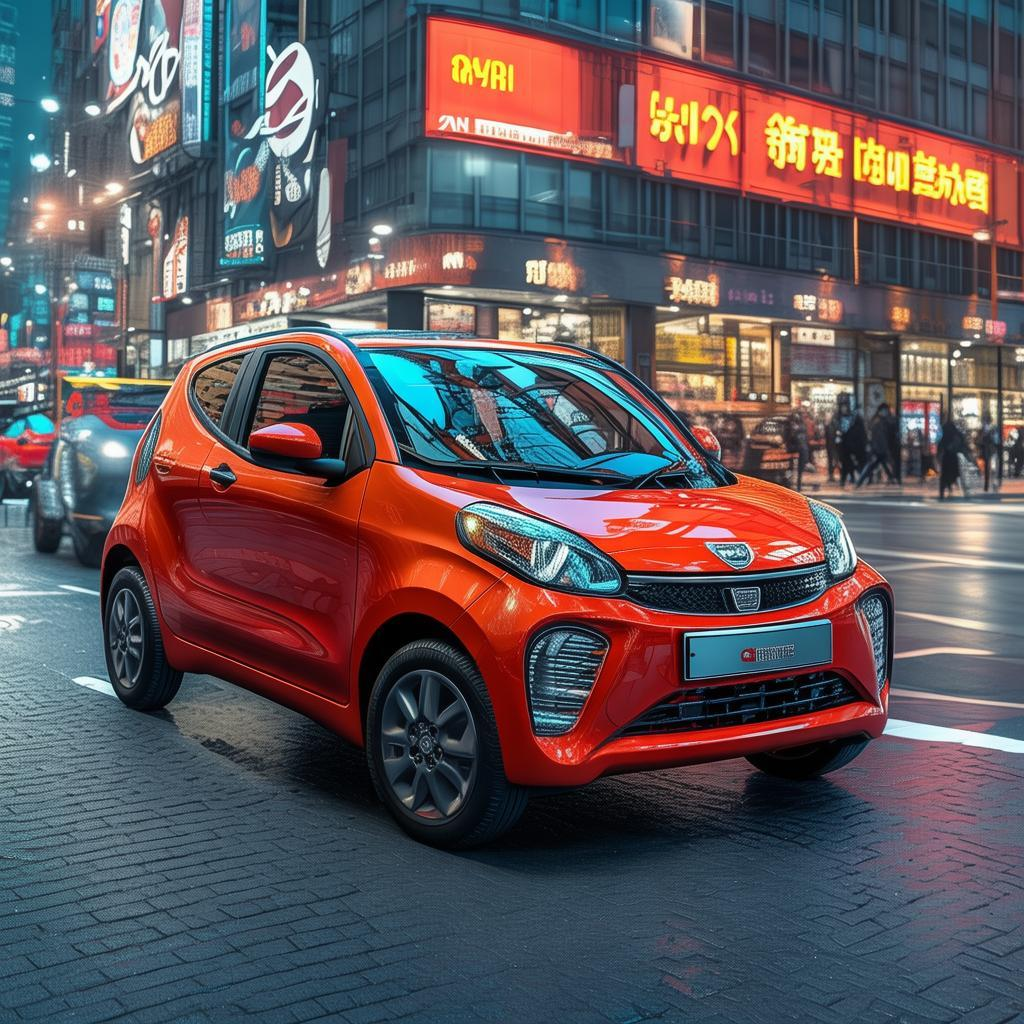 红色高性价比微型车在城市夜景中行驶,适合预算有限的年轻用户