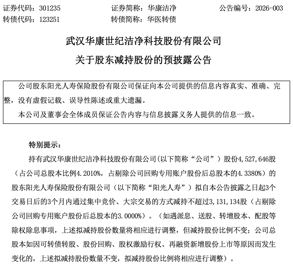 阳光人寿“出逃”华康洁净,3个月拟减持313万股,业绩高增难掩现金流困局