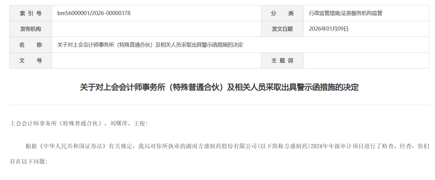 上会会计师事务所及2名注会收警示函,涉方盛制药2024年报审计违规