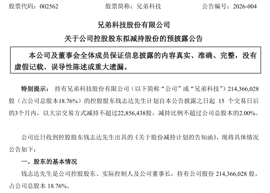 兄弟科技董事长钱志达再推减持计划，累计拟套现超3.97亿元