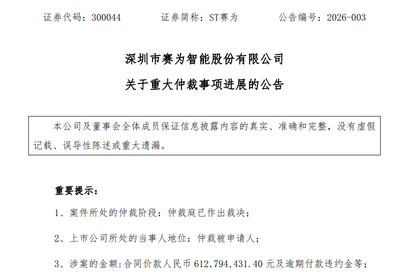 仲裁裁决致预亏7.18亿元,ST赛为触及创业板退市风险红线