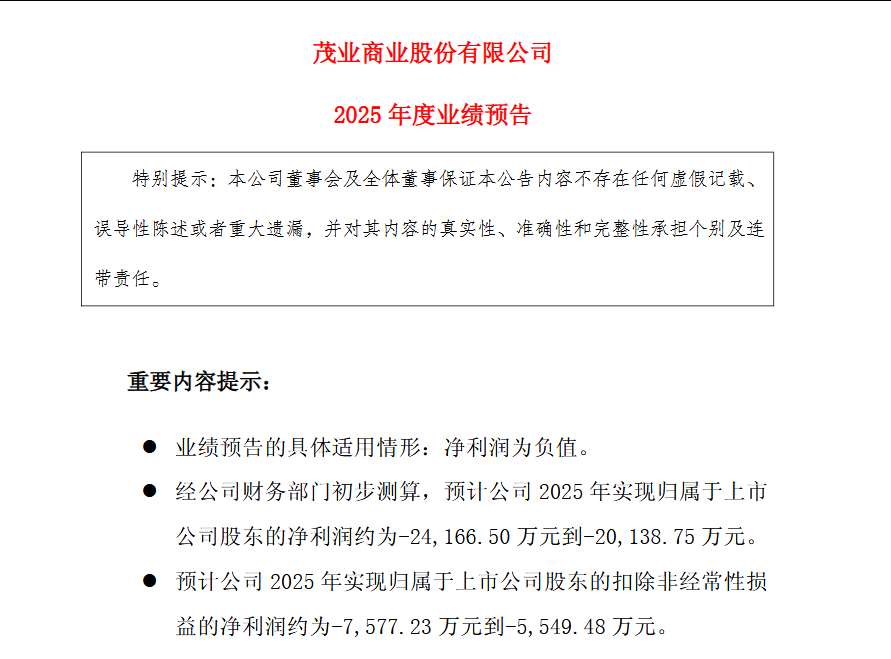 减值吞掉8倍净利润！茂业商业2025预亏超2亿，房地产与商誉成业绩“拖油瓶”
