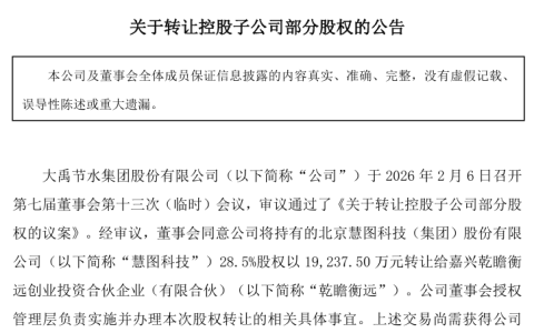 慧图科技2025年前三季度净亏5359.38万元，大禹节水1.92亿转让其28.5%股权