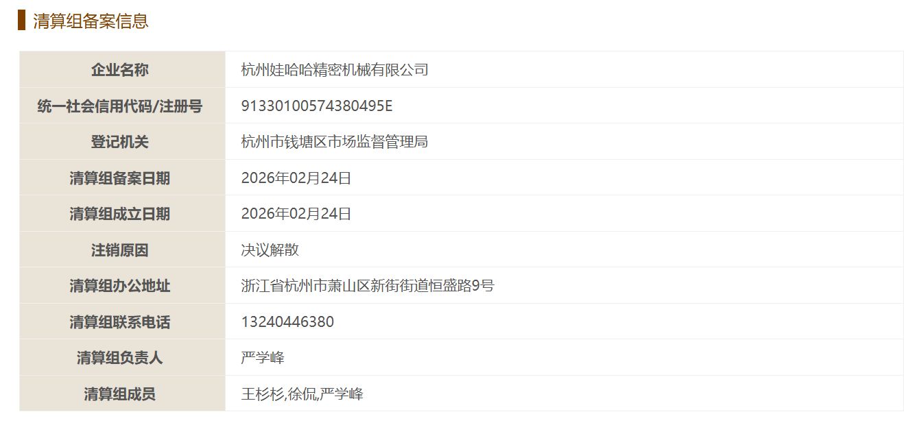 娃哈哈精机决议解散进入清算程序，宗馥莉核心高管严学峰任清算组负责人