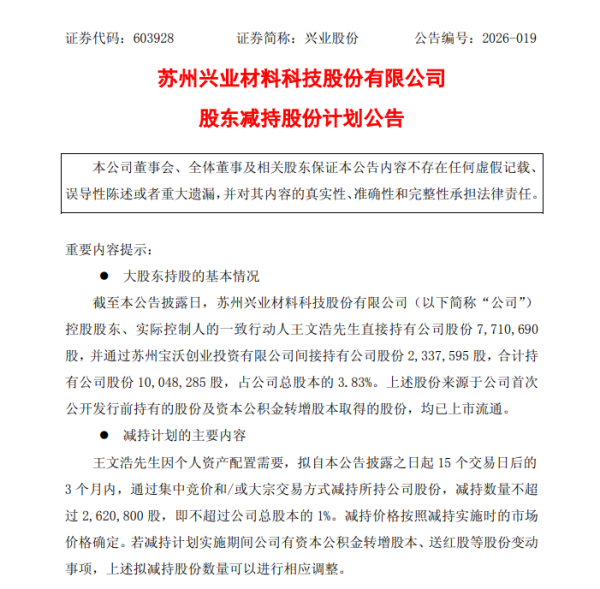 兴业股份实控人亲属拟减持不超1%,公司去年经营现金流大降62.39%