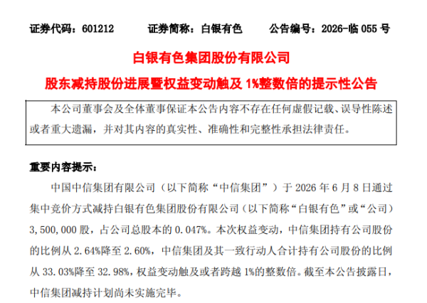白银有色2025年扣非净利亏损7.69亿元，中信集团持股降至2.64%拟减持