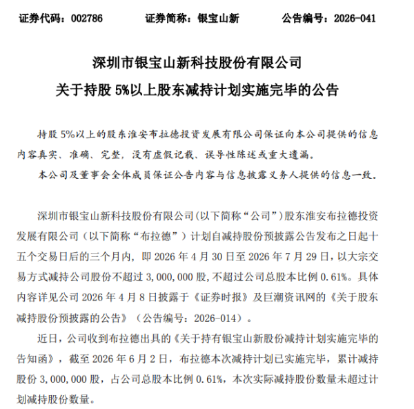 银宝山新大股东顶格减持套现2211万 公司三年扣非亏7亿持续经营存疑